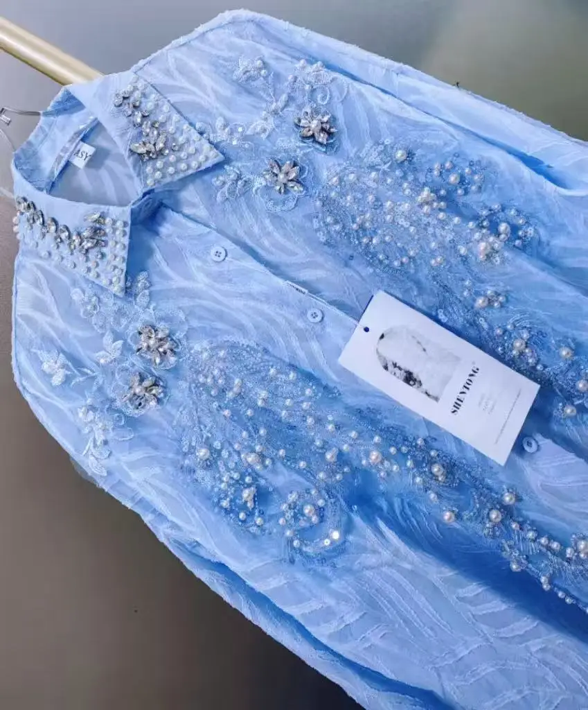 Luxury Pearls Beads Stitch Blue Blouses Shirts For Women 2025 Spring Summer New… - Image 6
