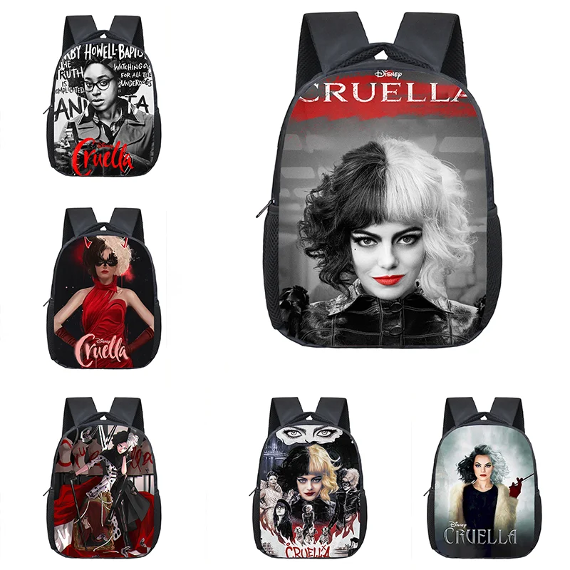 

12 inch Movie Cruella de Vil Kindergarten School Bag Cartoon Girl Boy Student Primary School Bookbag Waterproof Backpack Mochila