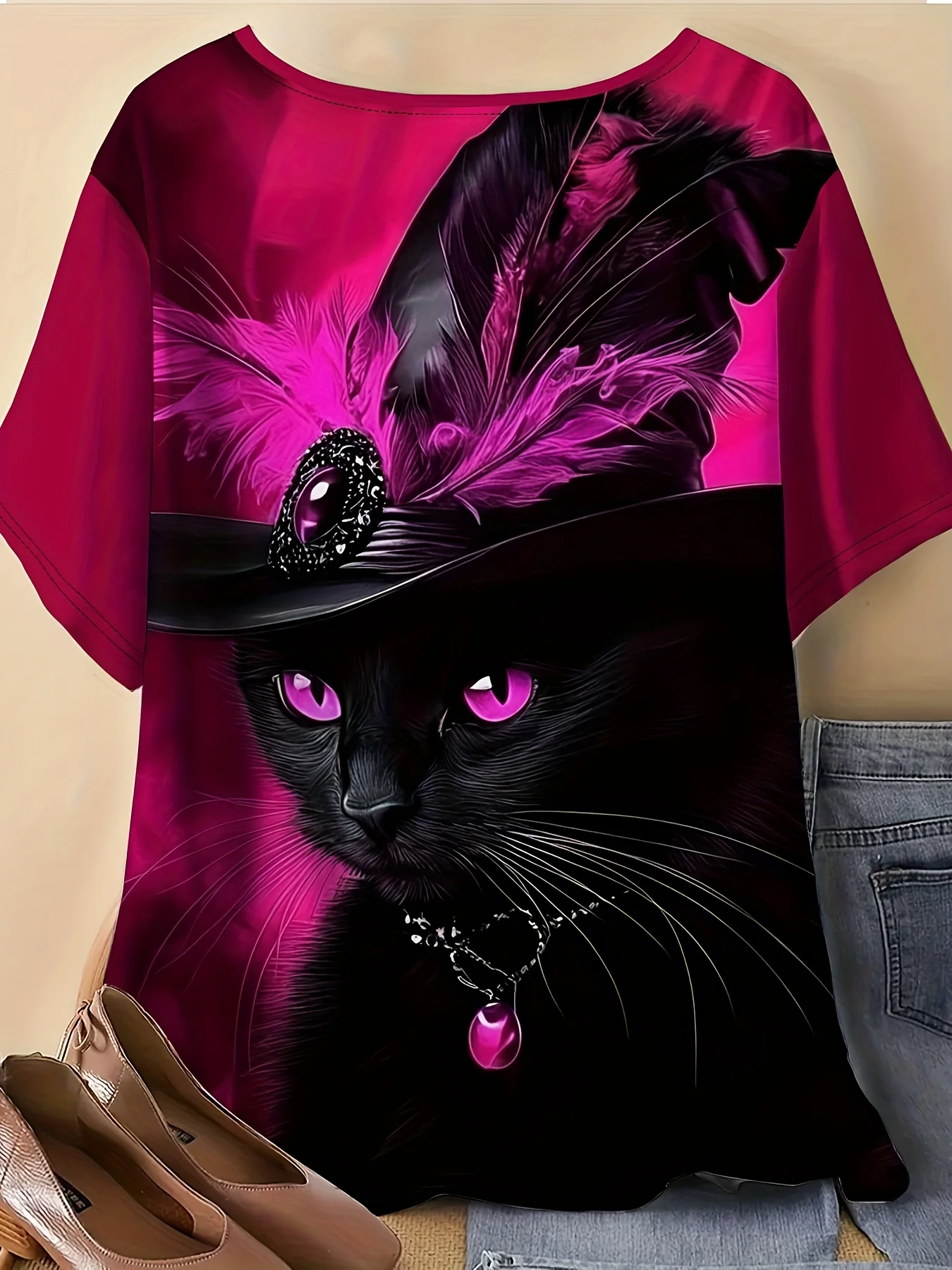 Women Crew Neck Short Sleeve T‑Shirt, Gothic Black Cat With Feather Hat Magenta Background Art Graphic Casual Tee