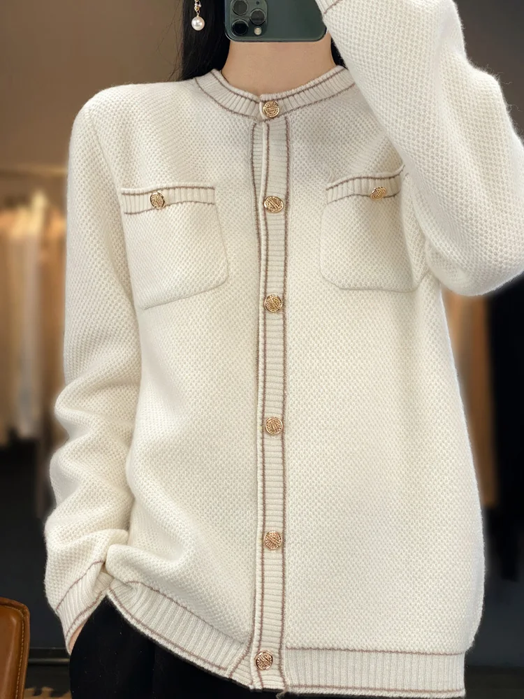 New Chic Spring Autumn Women O-neck Cardigan 100% Merino Wool Sweater Vintage Style Pockets Soft Solid Knitwear Korean Clothes