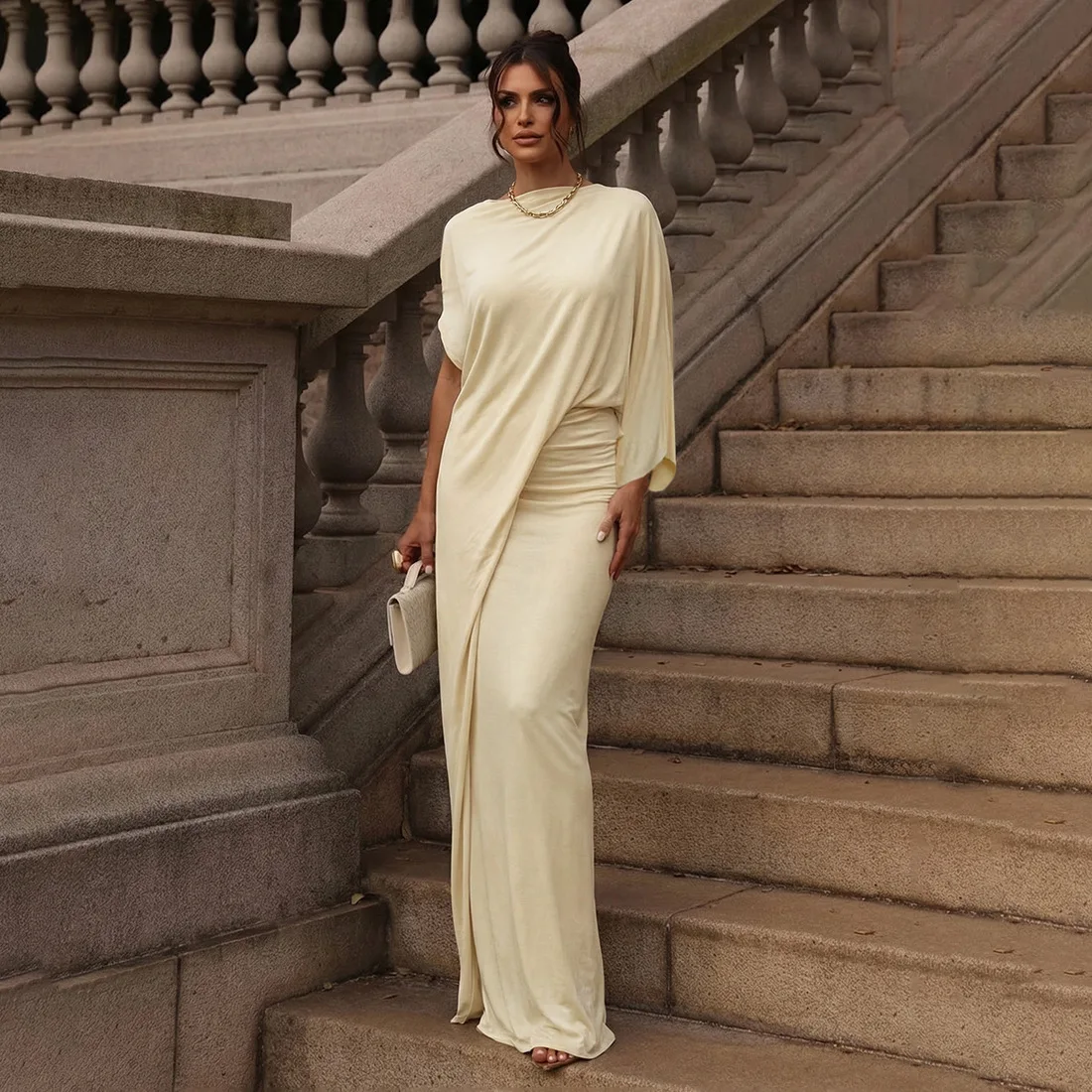 

Женский элегантный однотонный комплект из 2 предметов с круглым вырезом, свободные длинные топы с нерегулярными рукавами + облегающие макси-юбки с рюшами, костюмы для дня рождения