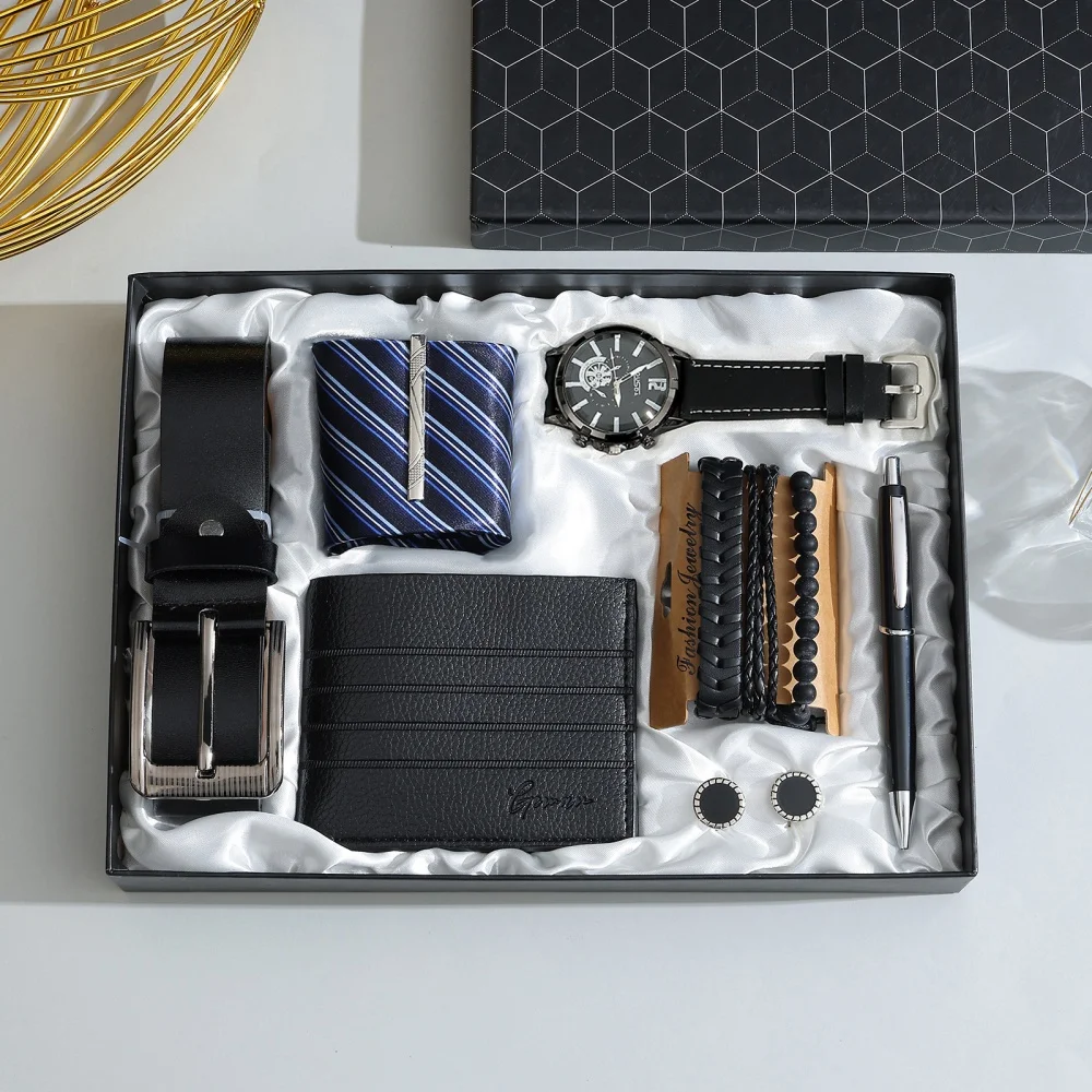 

Новый мужской подарочный набор 8 в 1, модный кожаный кошелек, ремень, кварцевые часы, галстук, браслет, запонки, ручка, подарочная коробка для папы, мужа, парня