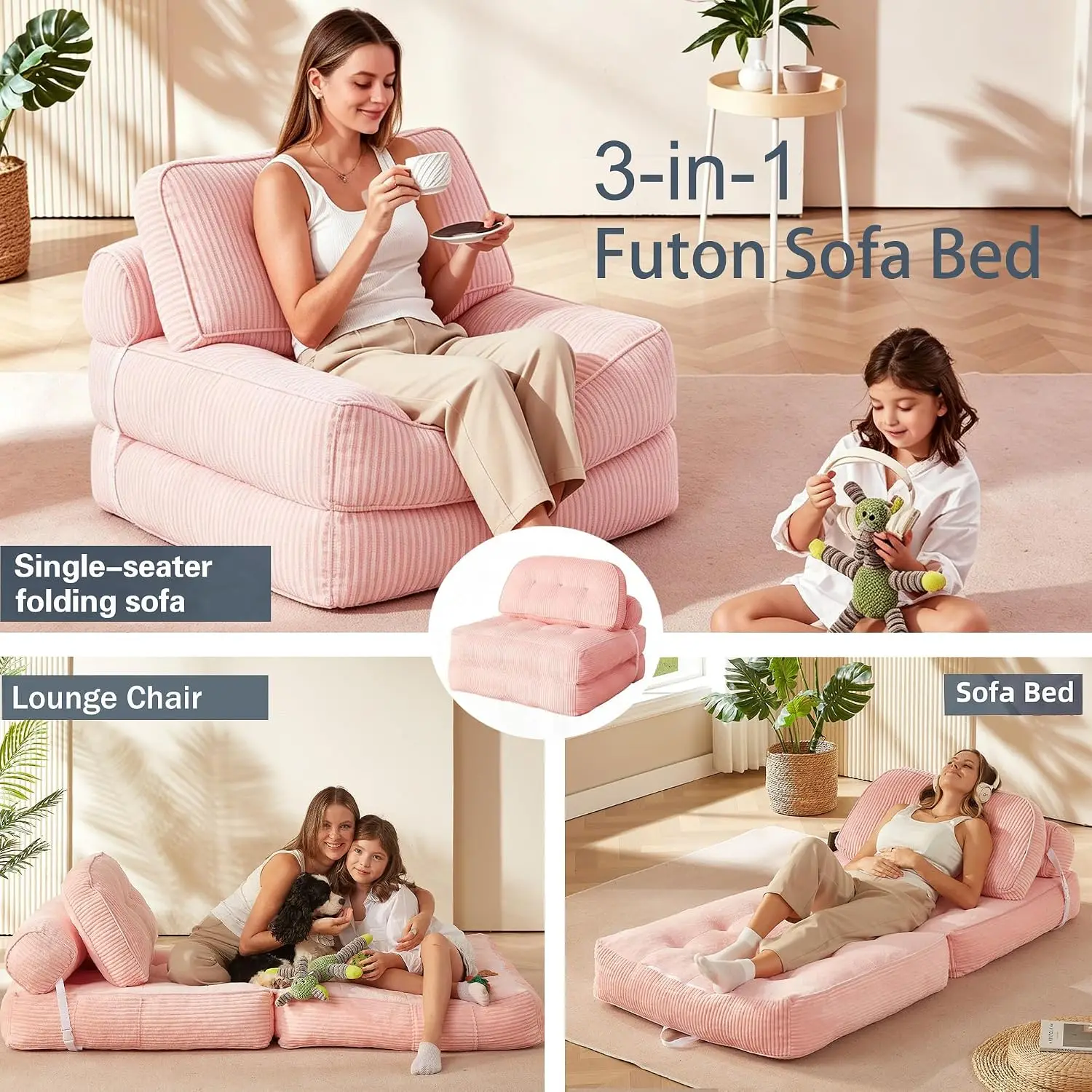 Folding Sofa Bed Single Size Convertible Sleeper Chair To Lounger Comfy Floor Couch Bed Frame With Pillow And Blanket For Living Room Bedroom Pink, 1 Piece view 2