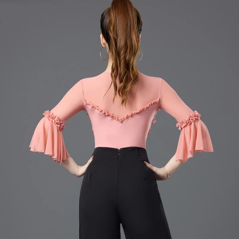 Mono de media manga con flores, Top de baile latino, ropa para mujer, trajes de baile modernos estándar nacional Chacha Rumba Tango DQL11548