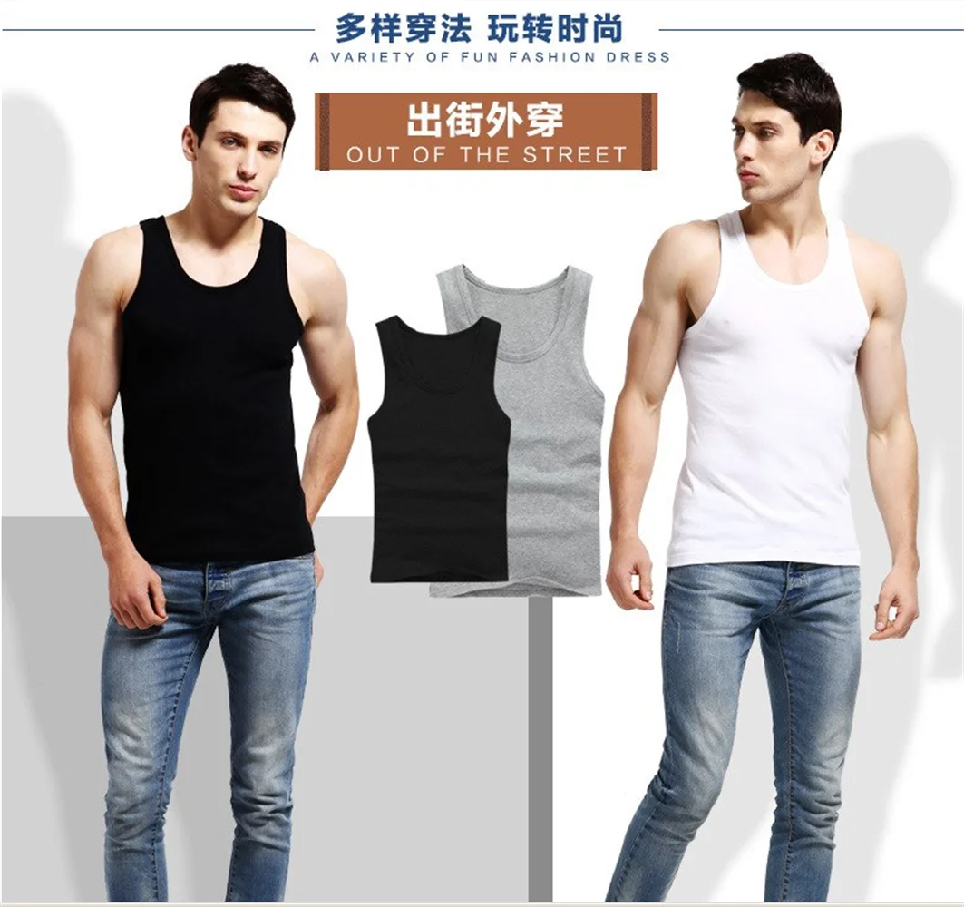 1 Buah/Lot Pakaian Dalam Pria Katun Atasan Tanpa Lengan Rompi Otot Solid Kaus Pakaian Olahraga Leher-o Kaus Rompi Pria Slim Fit