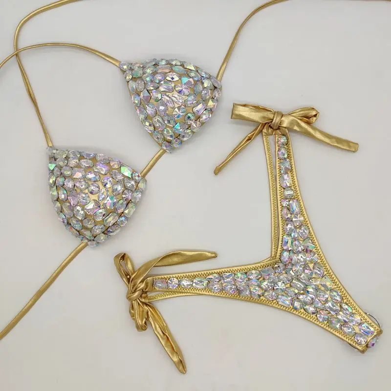 Luxury Bikini 2 Piece Swimsuit Sexy Women Rhinestone Bra and Thong Set Push Up High Waist Bathing Suit Bling Fashion Beachwear