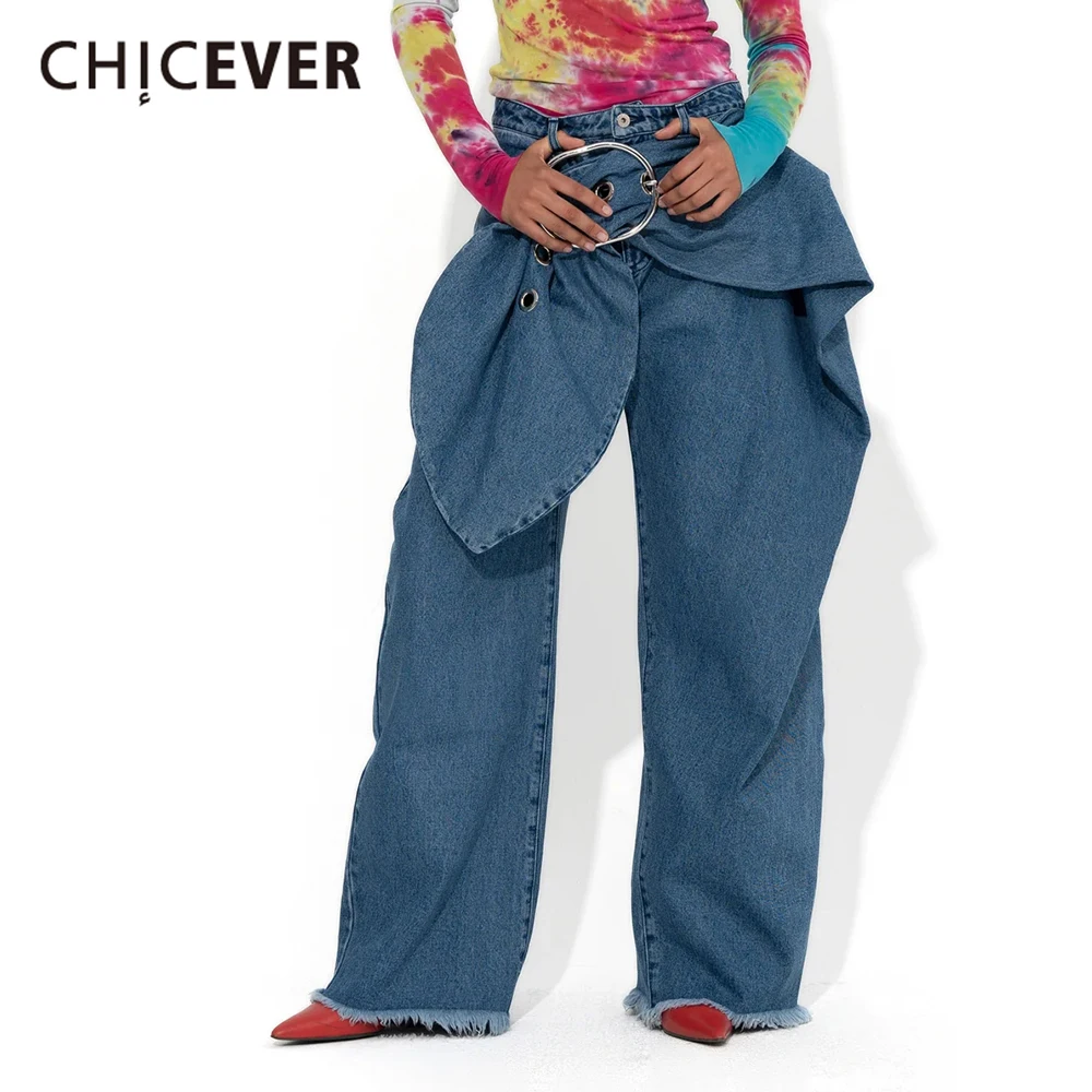 CHICEVER Patchwork Belt Jeans For Women High Waist Spliced Zipper Folds Loose Solid Streetwear Denim Wide Leg Pants Female New