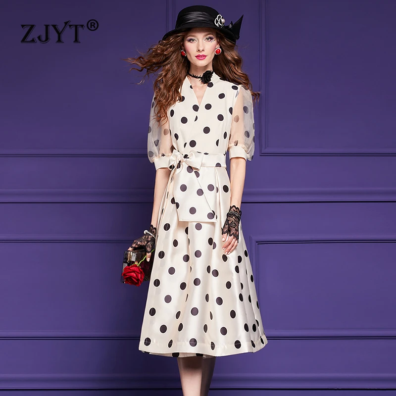 

ZJYT Designer Summer Polka Dot Print Dress Women 2024 Fashion Short Sleeve Vintage Midi Prom Party Dresses Black Aline Vestidos