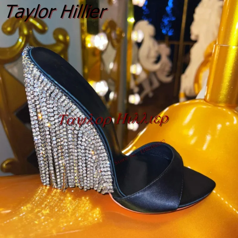 Lato nowy Tassel Rhinestone wysokie klapki na obcasie szpiczasty nosek szpilki czarne sandały moda Sexy Party bankiet Runway buty 46