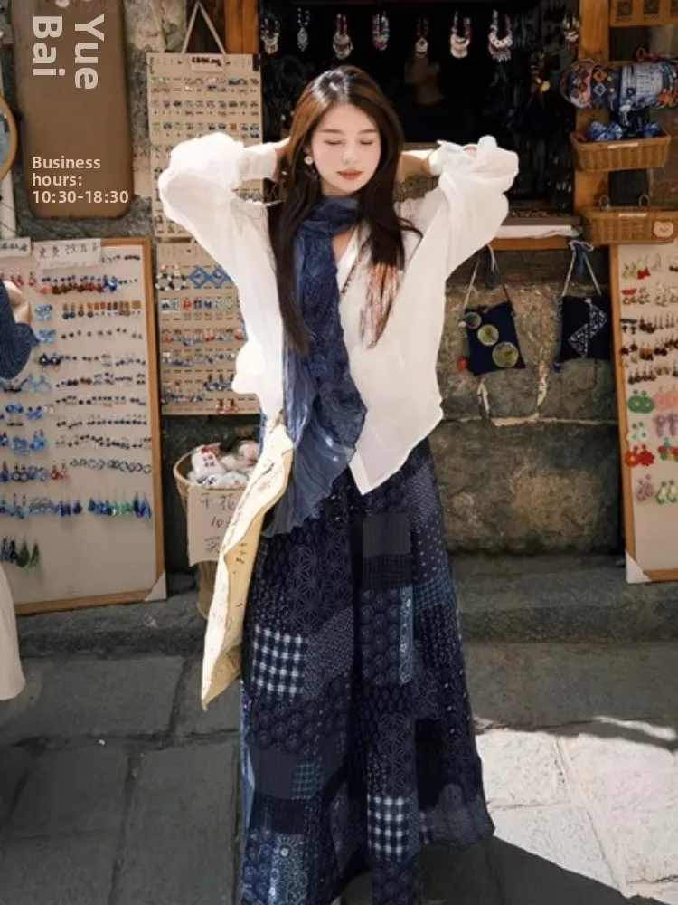 Sun Protection Long Sleeve Shirt Women's Spring Ethnic Print Cotton Linen A-Line  Skirt Two-Piece Set Vacation Style