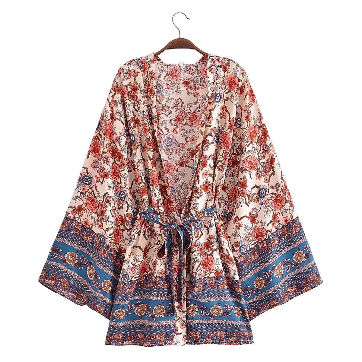 WeHello - Women\'s Beach Style Cotton Bohemian Printed Belt and Kimono Coat Cardigan