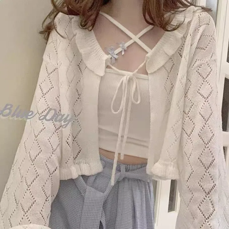 White Cardigans Women Hollow Out Fashion Loose Casual Ruffles Tender All-match Sun-proof Cropped Female Bandage Vintage Ulzzang