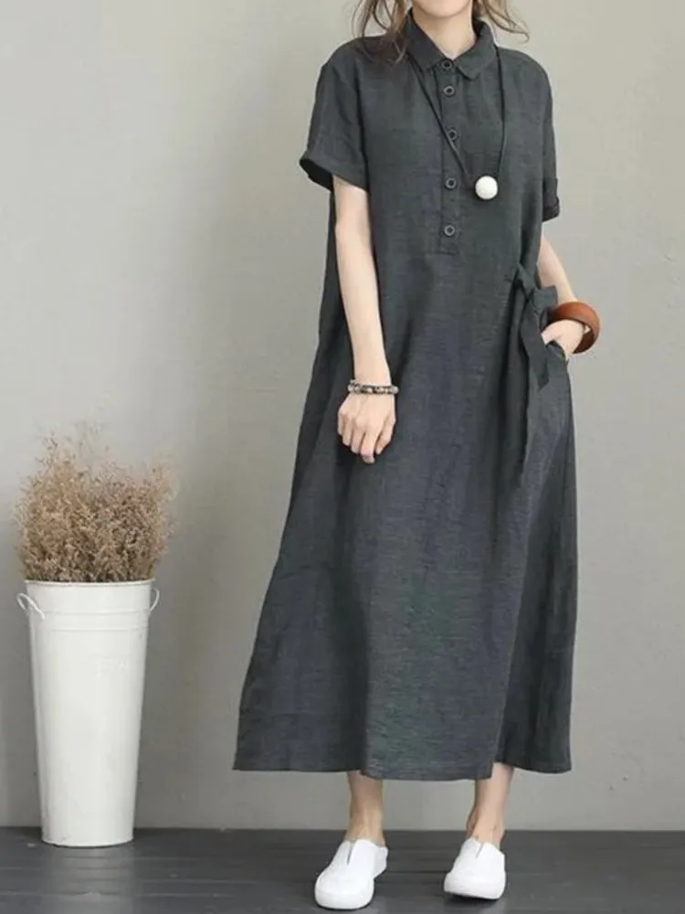 Casual Cotton Linen Polo Collar Short Sleeve Women's Dress with Pocket Loose Fit Knee Length Black Dress Fashionable Women