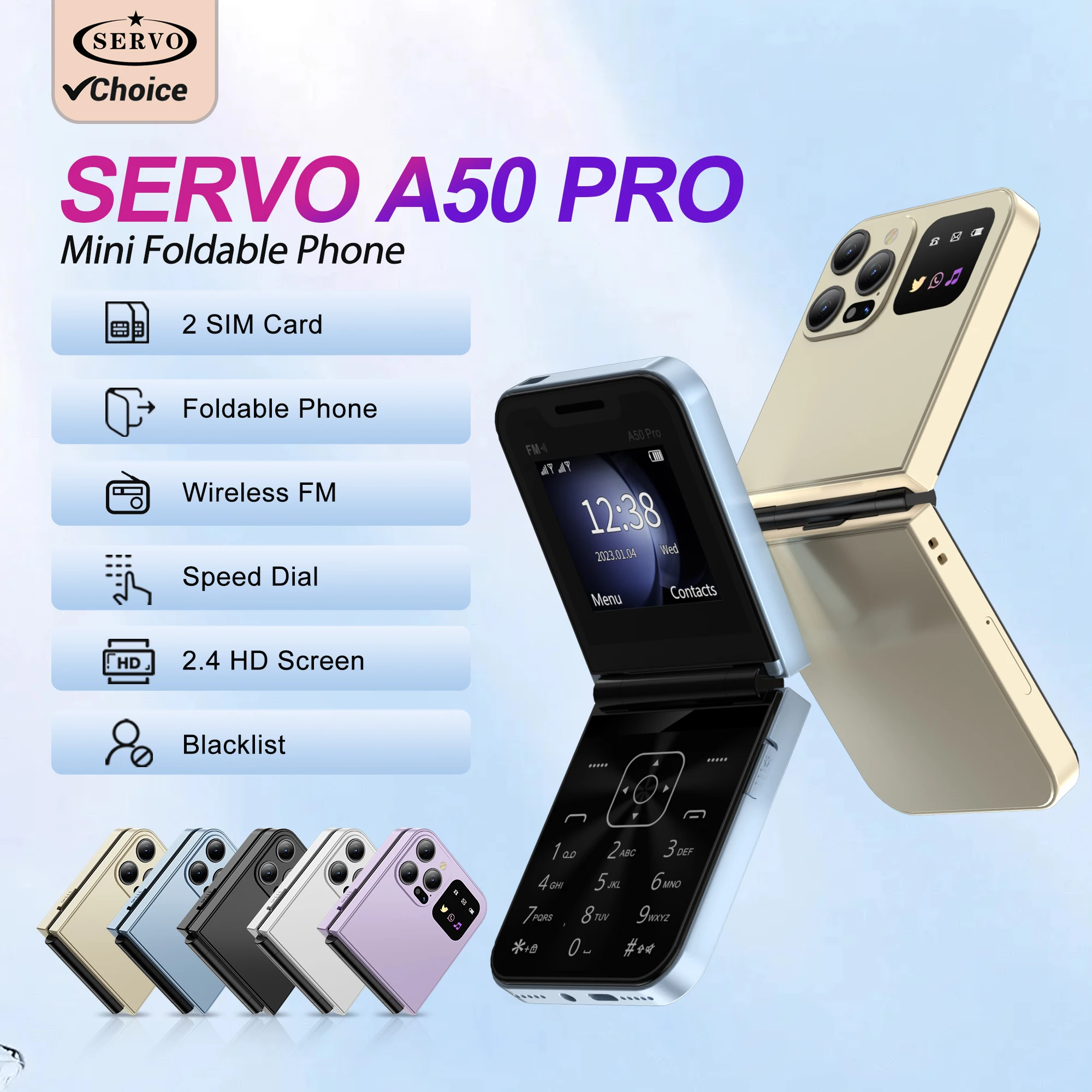 SERVO A50 PRO 2G Flip Phone Dual SIM Card GSM Electric Torch Automatic Call Recording 2.4