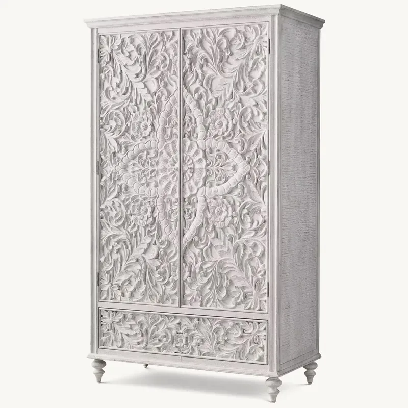 Southeast Asian Style Peony Wood Carving Flower Wardrobe Bedroom Furniture Factory Customization