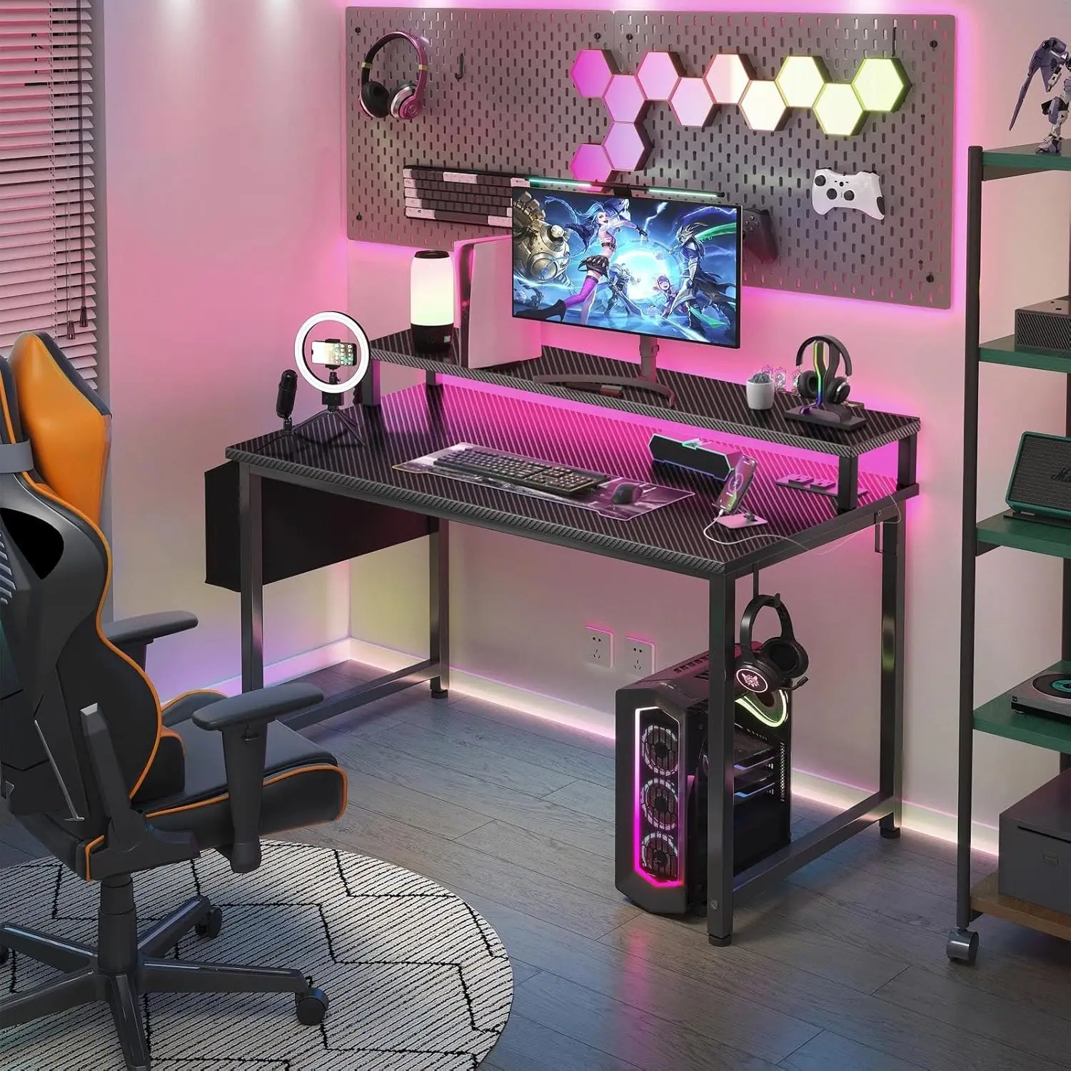 Gaming Desk Wood 40 Inch with Power Outlets, with LED Lights All Seasons Black