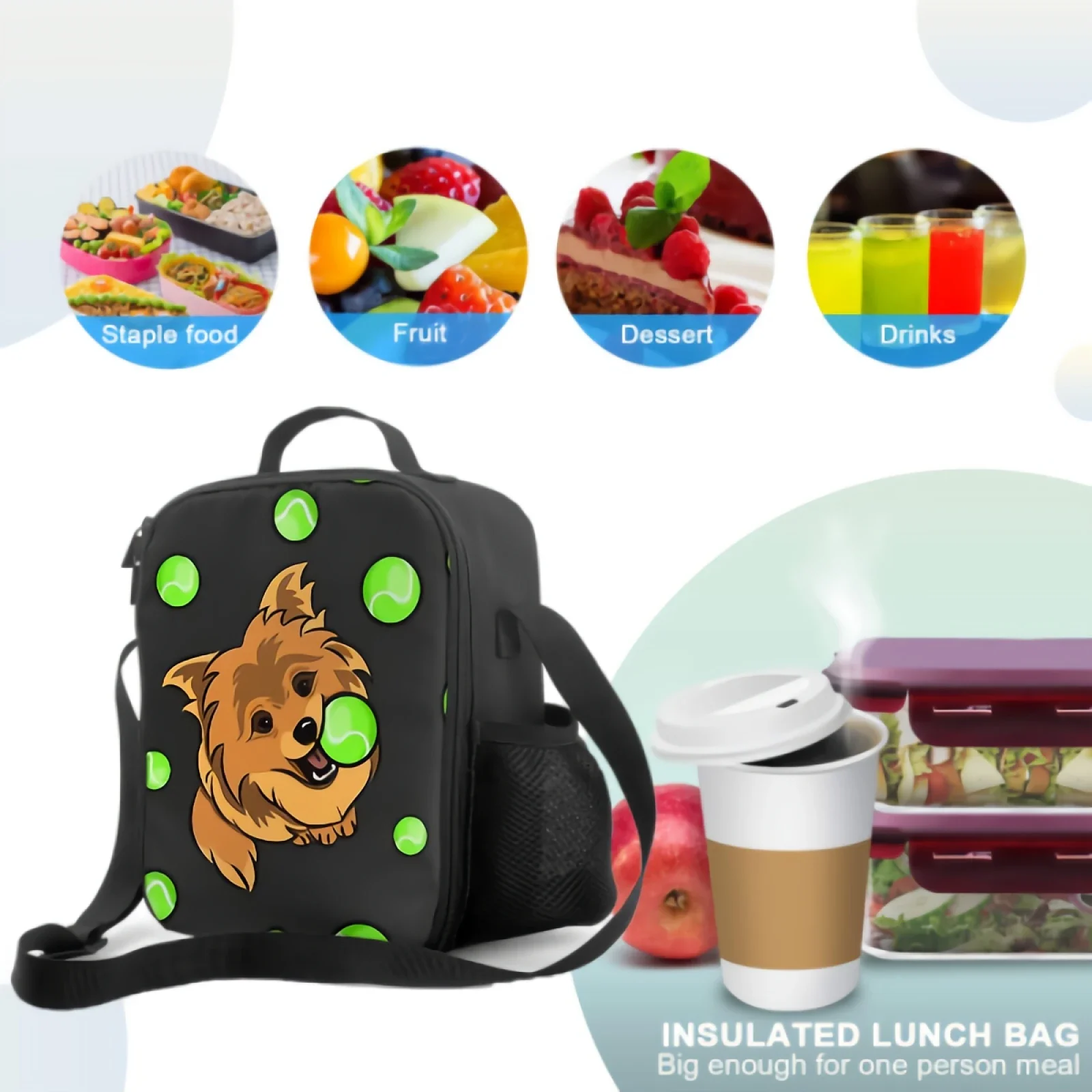 Saco de refeição isolado para meninos e meninas, Dog Playing Ball Lunch Box, Tema Animal, Recipiente de Alimento, Escola, Viagem, Piquenique, Bonito