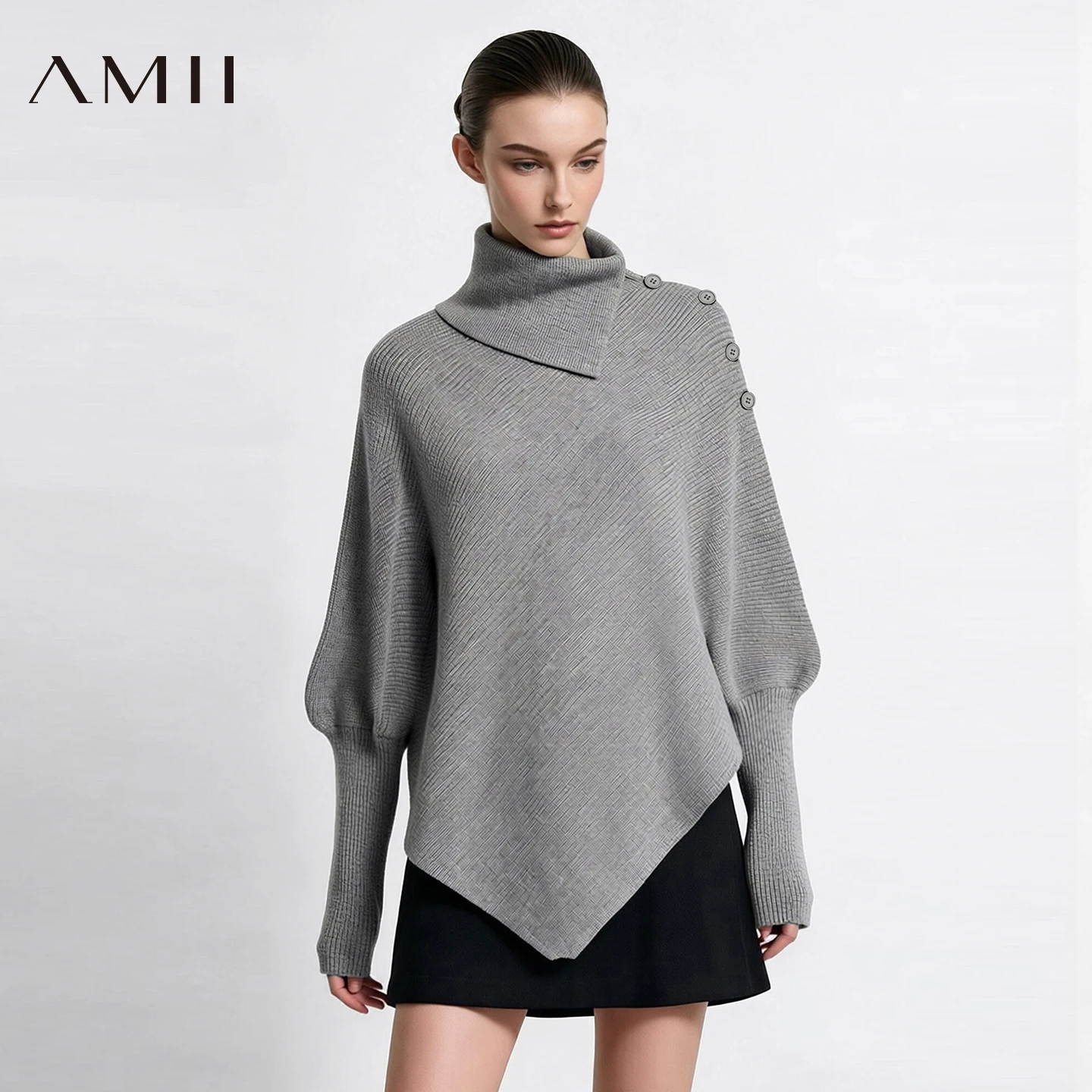 Amii Women's Turtleneck Knit Sweater Batwing Sleeve Asymmetric Coat Loose Fit Minimalist Woman Commuter Winter Sweaters 12644072