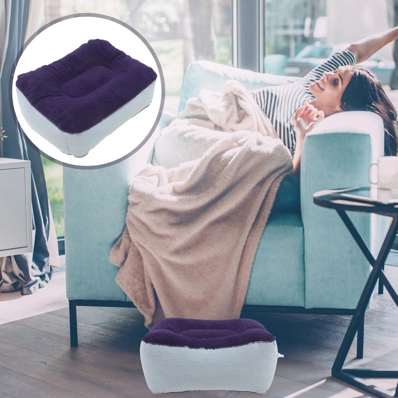 

Inflatable Feet Rest Pillow Grey Blue Flocking PVC Comfortable Travel Foot Rest Cushion for Airplane Train Leg Support Foot