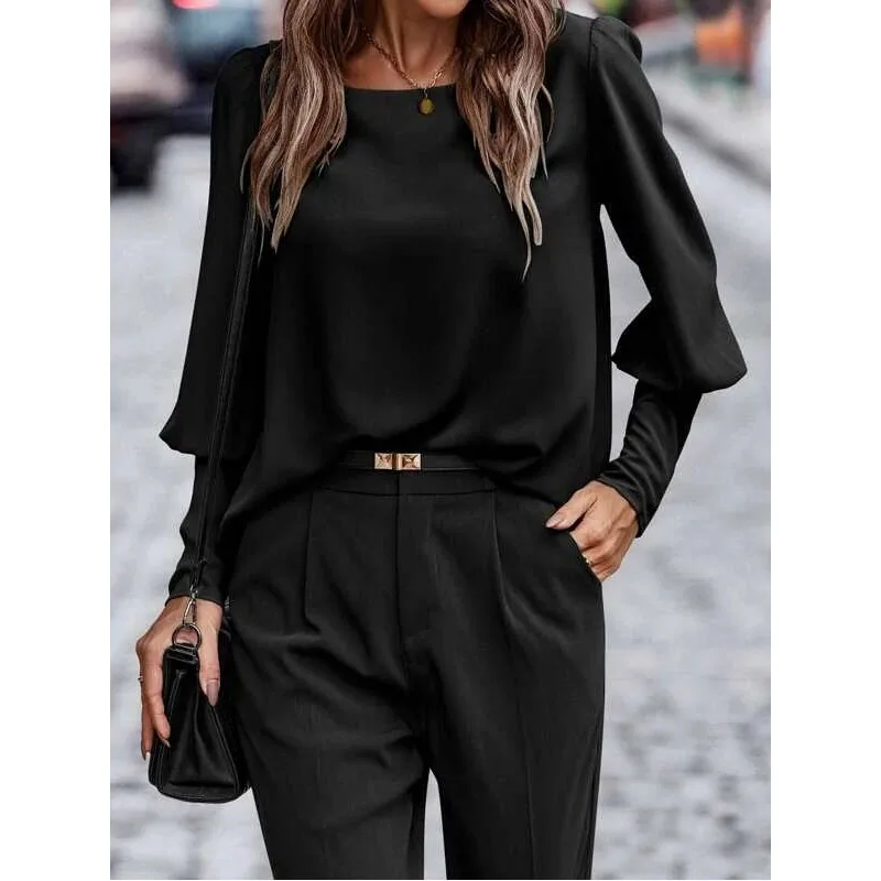 2023 New Autumn Fashion Talent Temperament Casual Solid Color Shirt Casual Loose Commuter Lantern Sleeve Button Women\'s Top