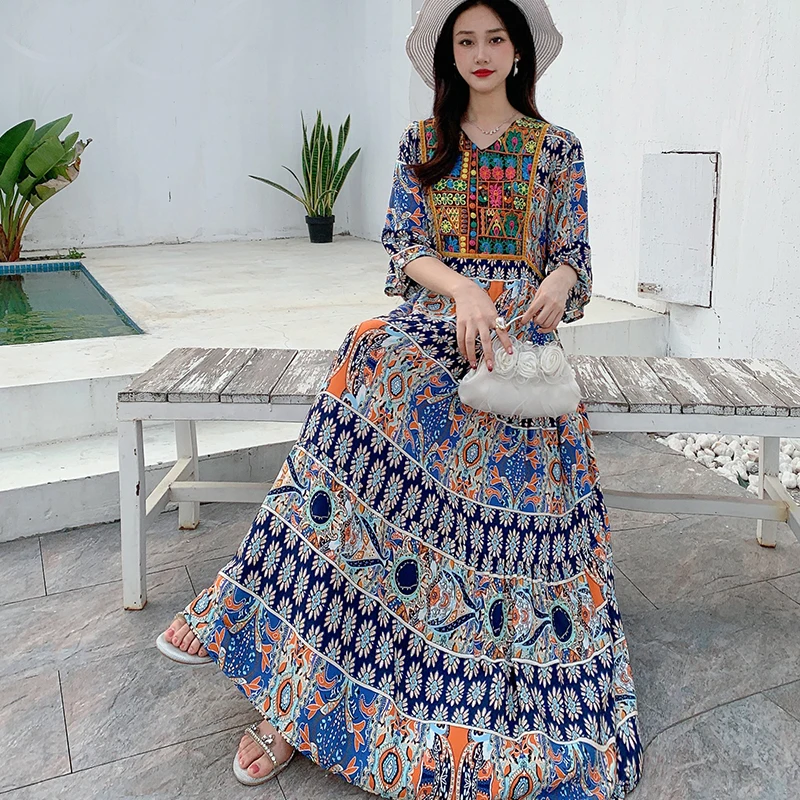Abito lungo da spiaggia estivo Boho Abito da donna maxi abito da vacanza in cotone stampato stile etnico allentato casual
