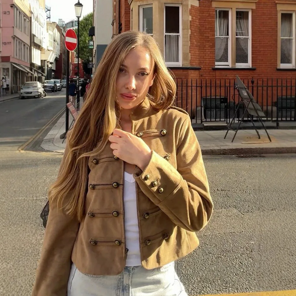 Vintage high-end imitation suede military uniform style Napoleon short coat women's clothing autumn and winter new models