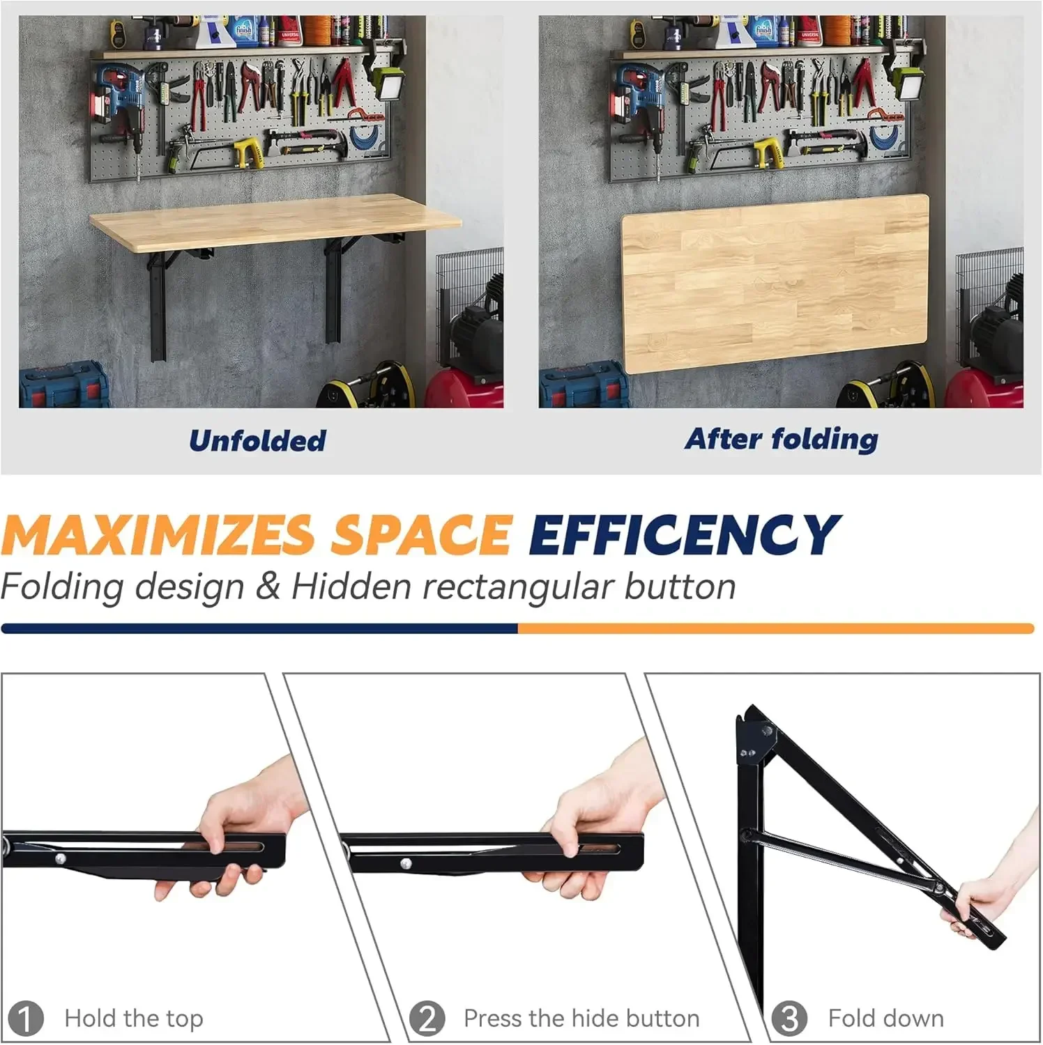 Настенный складной верстак 48 дюймов, сверхмощный складной рабочий стол, гараж, офис, дом, вмещает до 550 фунтов