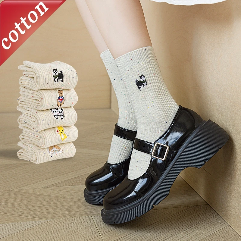 

5 Pairs Women's Socks Set Japanese Cartoon Embroidery Kawaii Mid Tube Socks Comfortable Breathable High Quality Cotton Socks