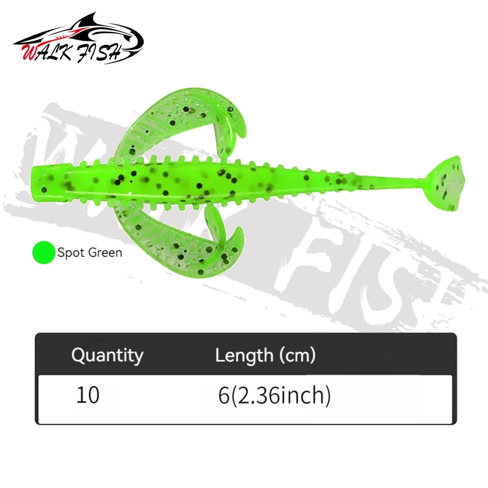 WALK FISH 10PCS 60mm 1.4g Fishing Lure Black Pit Soft Bait T-Tail Drop-shot Jig Head Duck Paddle Worm Fishing Tackle