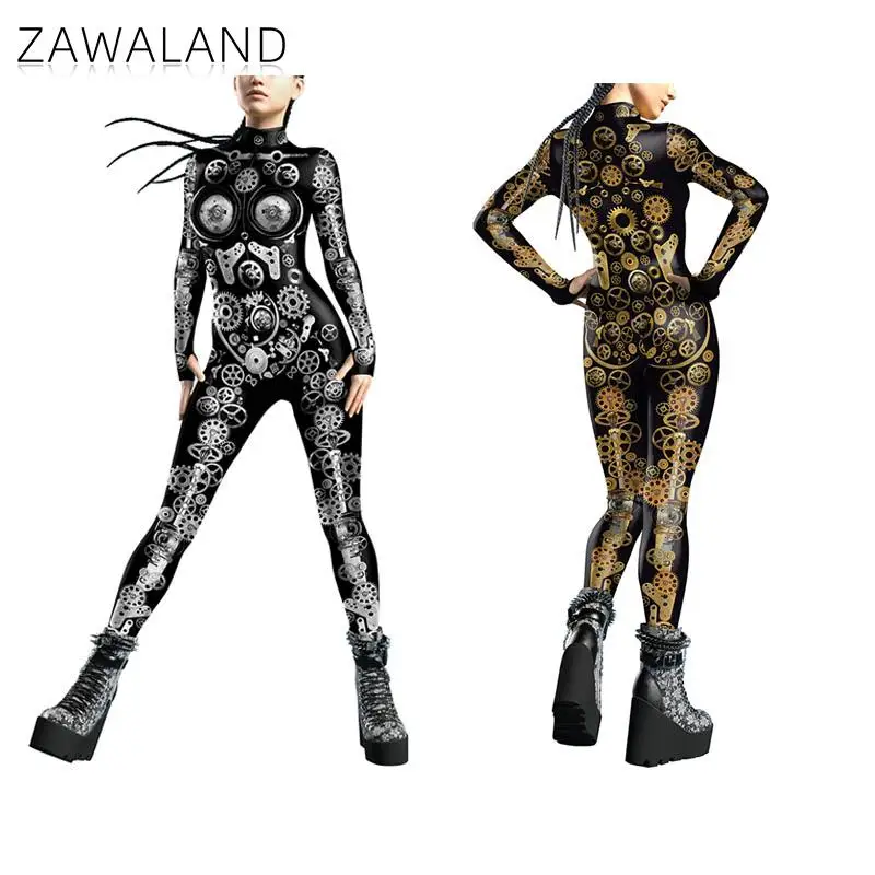 

Zawaland Punk Catsuit Jumpsuit Metal Parts 3D Printing Cosplay Costume Steampunk Party Disguise Women Performance Bodysuit