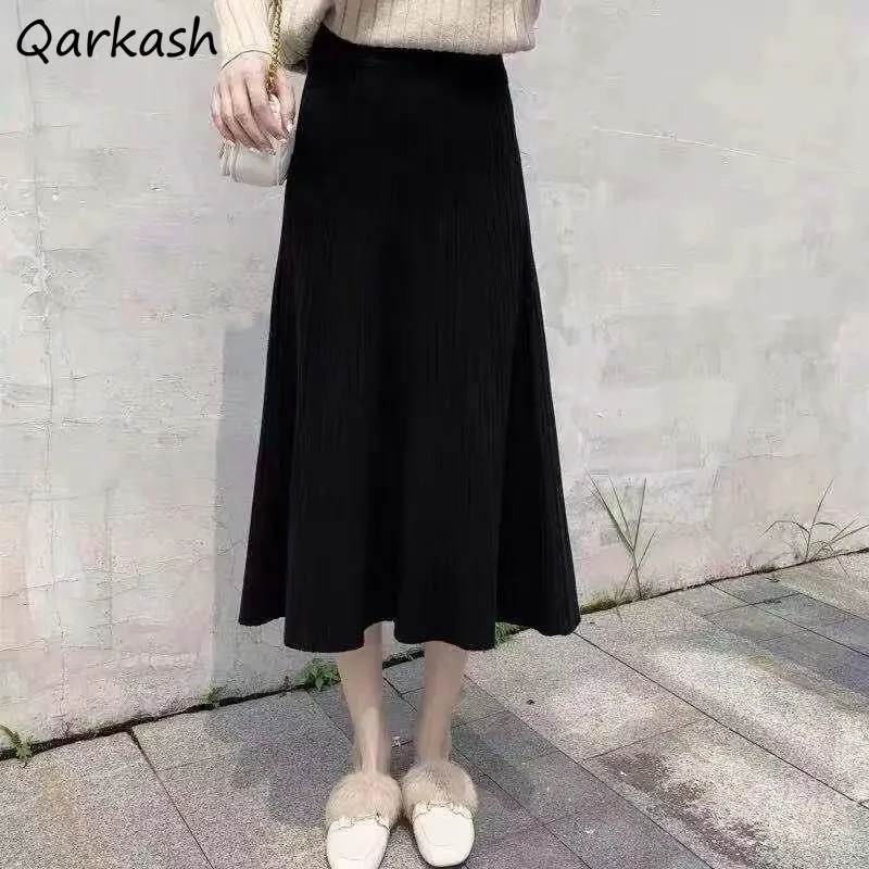 Knitted Midi Skirts Women Elegant Office Ladies Solid Autumn Casual Vintage A-line Faldas All-match High Waist Fashion Simple