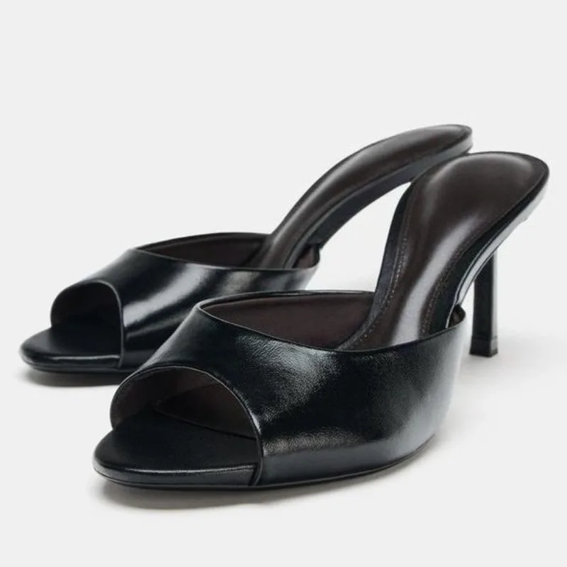 

Designer Black Leather High Heels Slippers Woman Summer Sexy Peep Toe Slide Sandals Elegant Banquet Dress Shoes Women's Mules