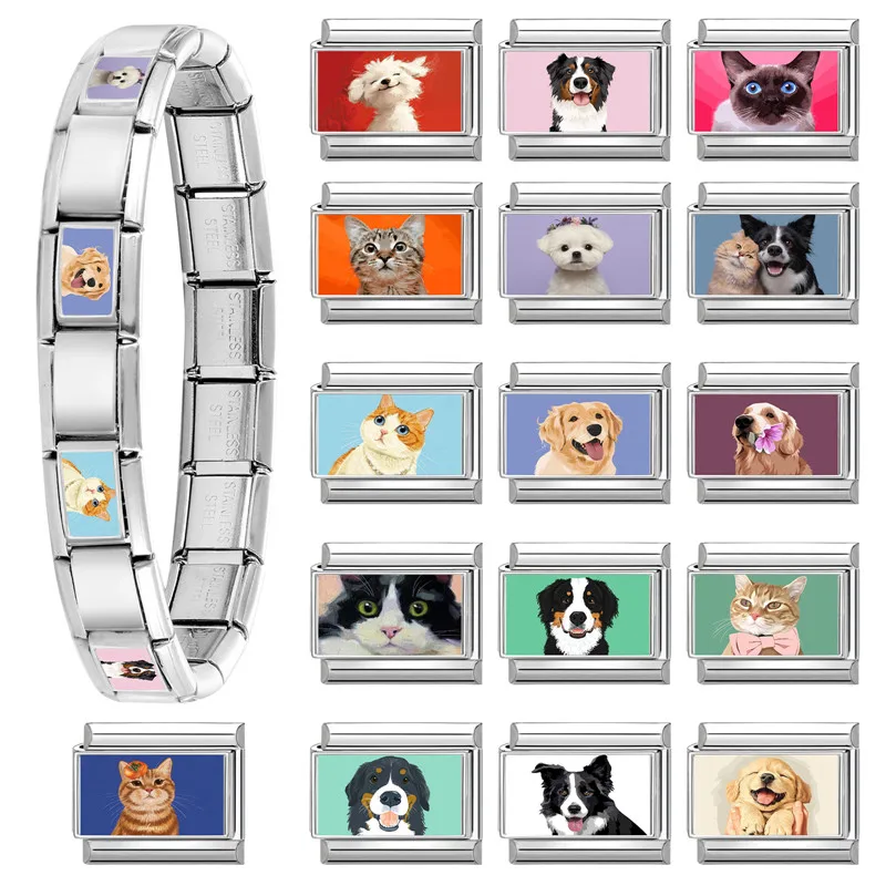 

New Lovely Pet Cats and Dogs Italian Charm Links Fit 9MM Stainless Steel Bracelet Women Men DIY Making Jewelry
