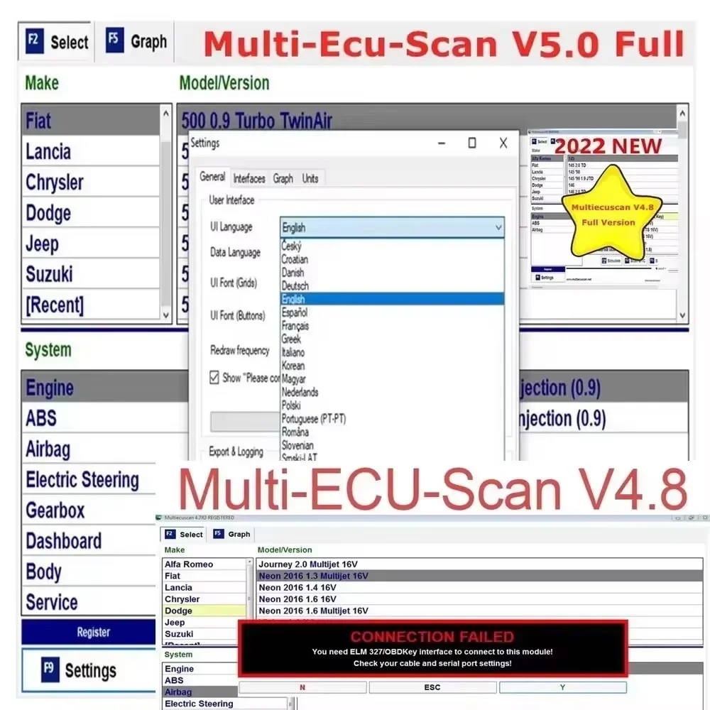 2024 New Multiecuscan V4.8 For Fiat/Chrysler/Dodge/Jeep/Suzuki Scanner Software 4.8+ ELM327+Flat adapter Registered Unlimite