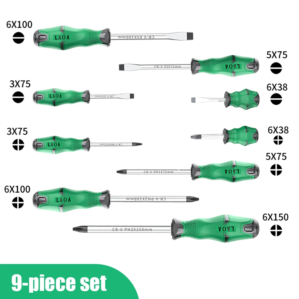 LAOA 6PCS/9PCS Screwdrivers Set With Magnetizer Canvas Bag Cr-V Screw Driver Slotted and Phillips Screwdrivers Hand Tools Kit