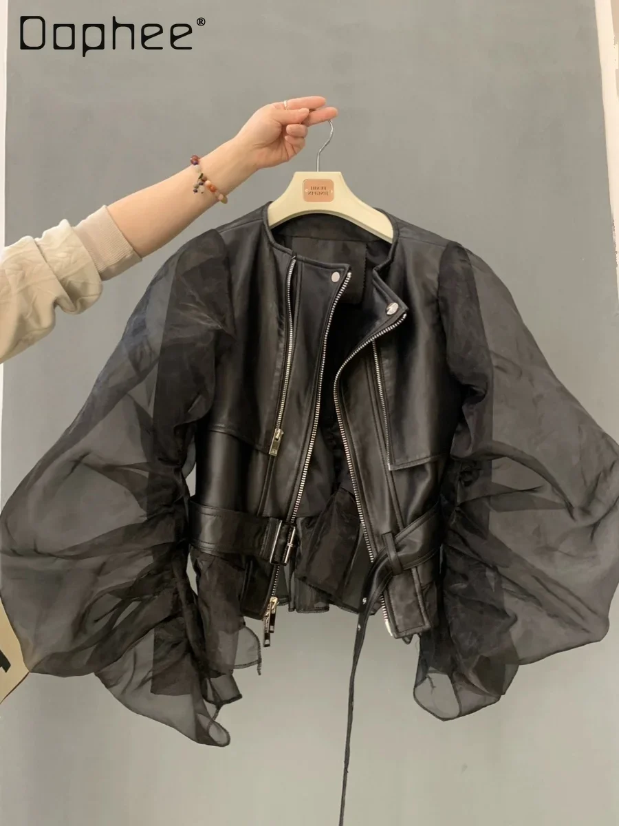 

Organza Bubble Sleeves Leather Jacket 2024 Spring Autumn Women Street Fashion Round Collar Short Coat with Belt Chic Design