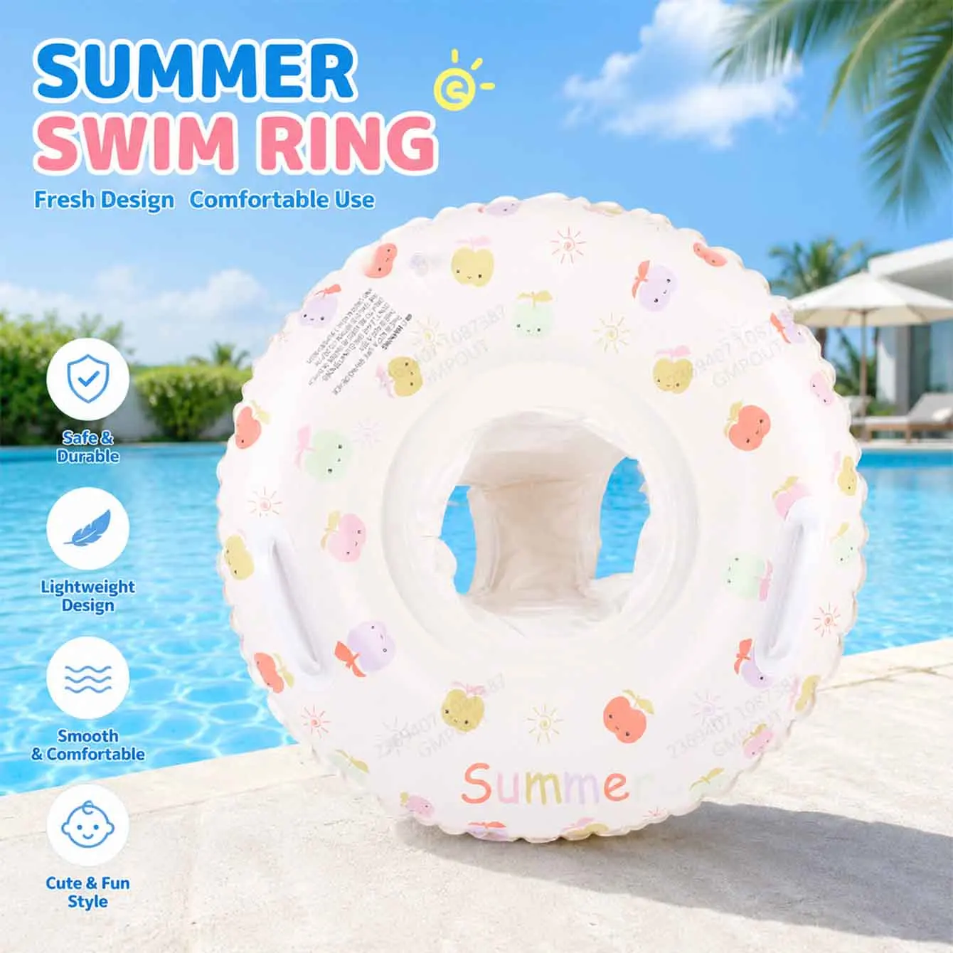 

1PC Summer Inflatable Pool Float Ring Seat Cute Pastel Print Swim Ring with Handles Durable PVC Relaxing Water Floating Chair