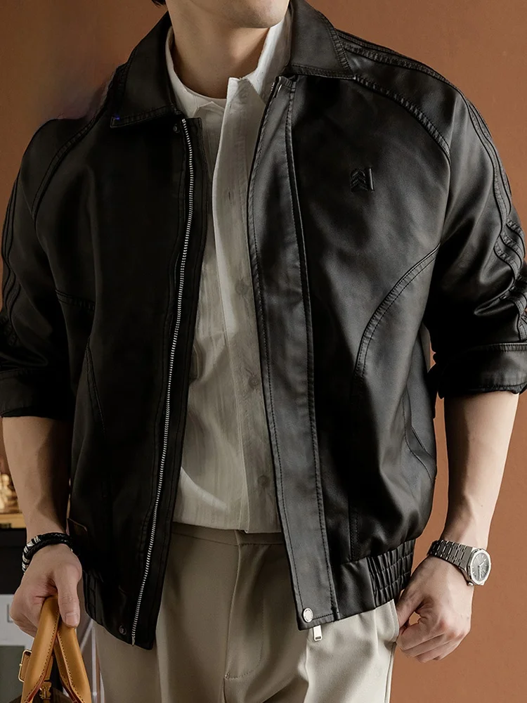 

Мужская куртка Romon в американском ретро-стиле из искусственной кожи, свободного кроя, весна-осень, короткая, в байкерском стиле, с воротником, для делового повседневного образа, с длинными рукавами