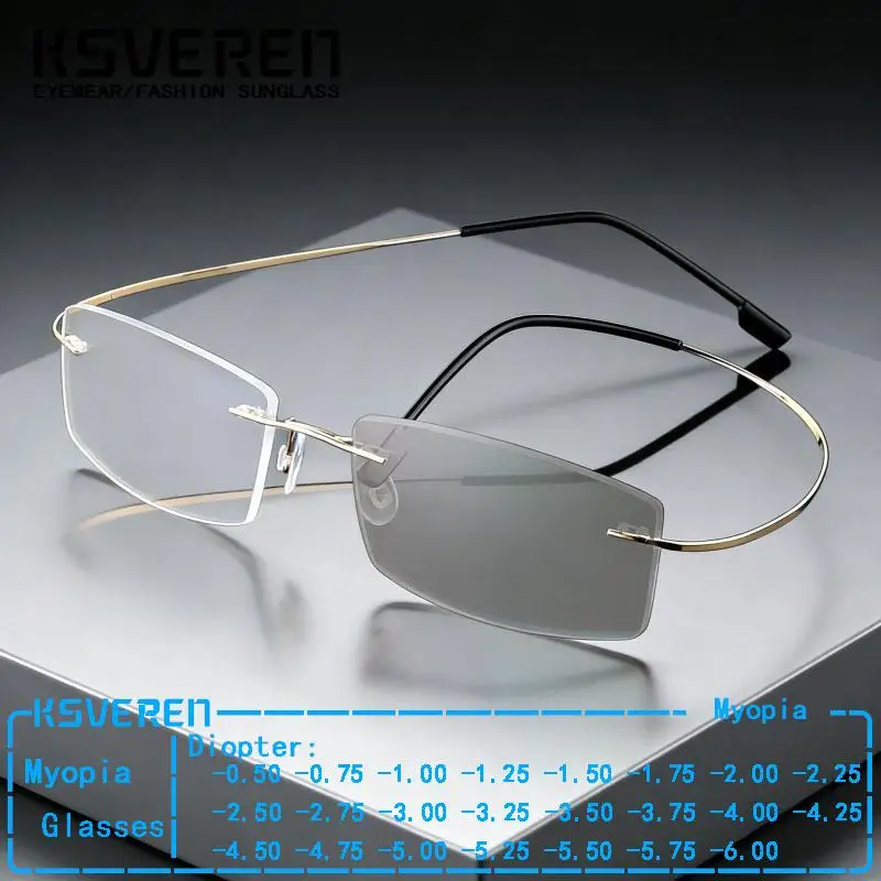 Lunettes de myopie photochromiques ultra légères sans cadre pour hommes, en alliage de titane, pour 