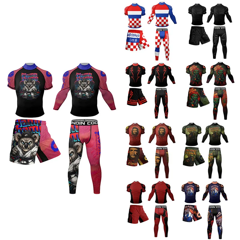 Custoimzed Logo Printing Mma Exercise Training T-shirt + long sleeve + Shorts + Long pants Big streched BJJ Ruash Guard 4PCS Set