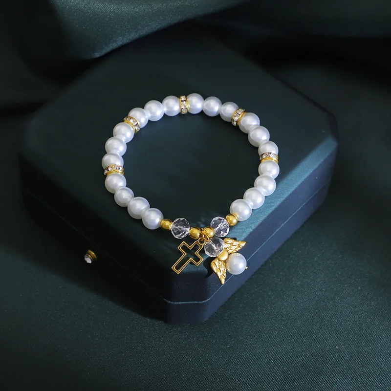 8 مللي متر تقليد اللؤلؤ الحارس الملاك تمتد سوار المجوهرات الدينية المعمودية هدية ، قابل للتعديل الصليب سحر مطاطا الخرز سلسلة #6