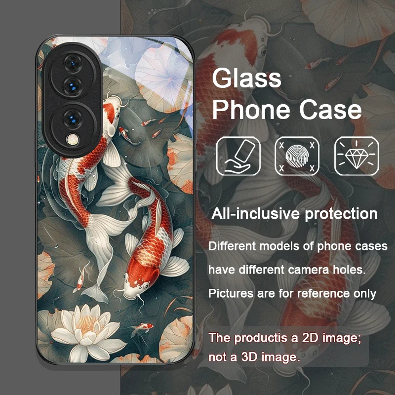高級蓮の花鯉模様強化ガラス製スマホケース Huawei Honor 200 Lite 100 Pro 90 80 GT Magic 7 6 X8 X9対応
