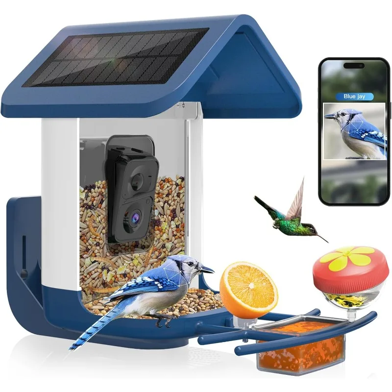 وحدة تغذية الطيور مع كاميرا تعمل بالطاقة الشمسية: كاميرا ذكية لتغذية الطيور كاميرا تغذية حية 2K للفناء الخلفي في الهواء الطلق - تحديد الذكاء الاصطناعي التلقائي