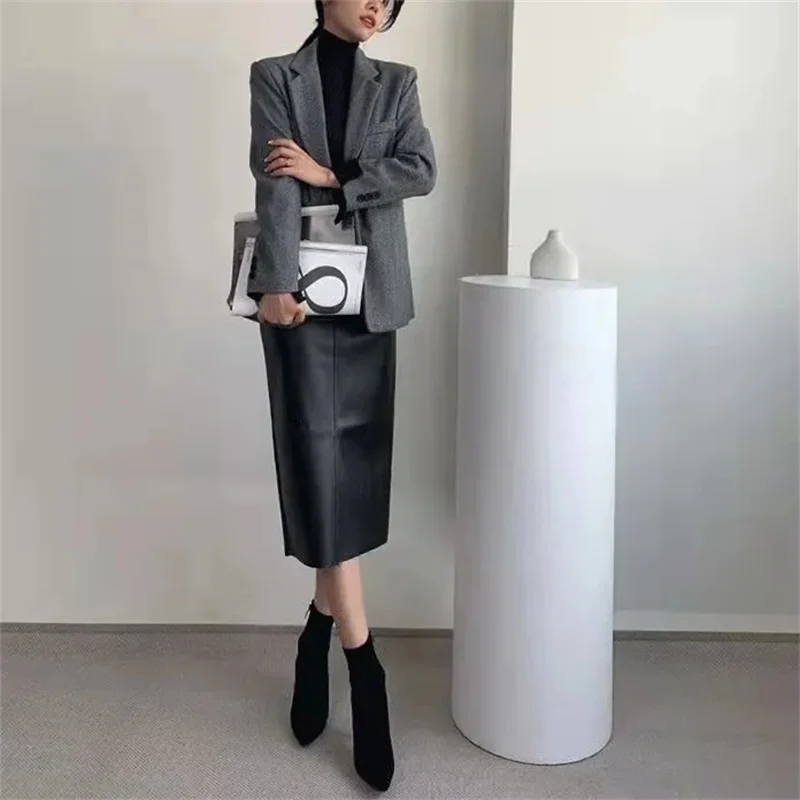 

Женская облегающая элегантная юбка темно-коричневого цвета, короткая юбка из искусственной кожи.