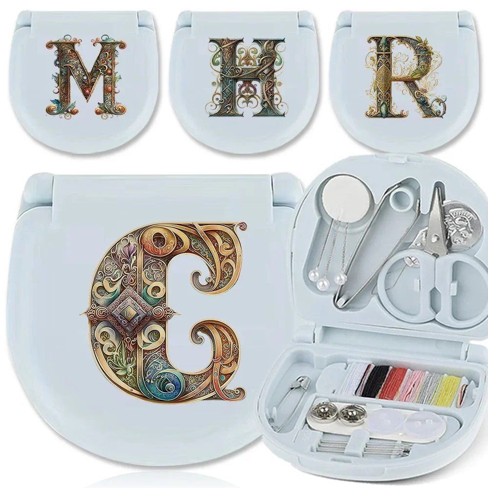Vintage Sewing Box Kit Portable Travel Sewing Needle Thread Box Set Scissors Bag For DIY Handmake Tools Graphic Letter Pattern
