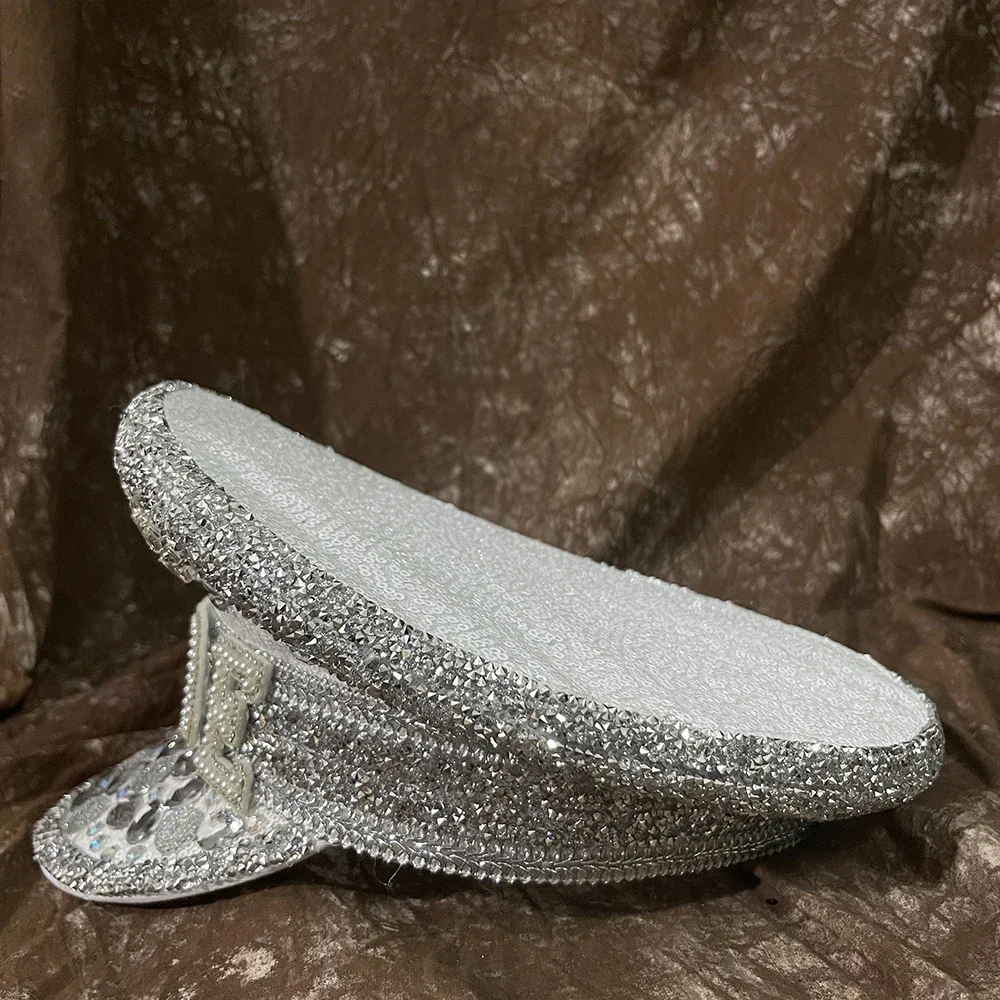 Women Bridal Hat For Queen Bride Military Hat Luxury Rhinestone Sergeant Captain Octagonal Birthday Bachelorette Hen Do Party view 5