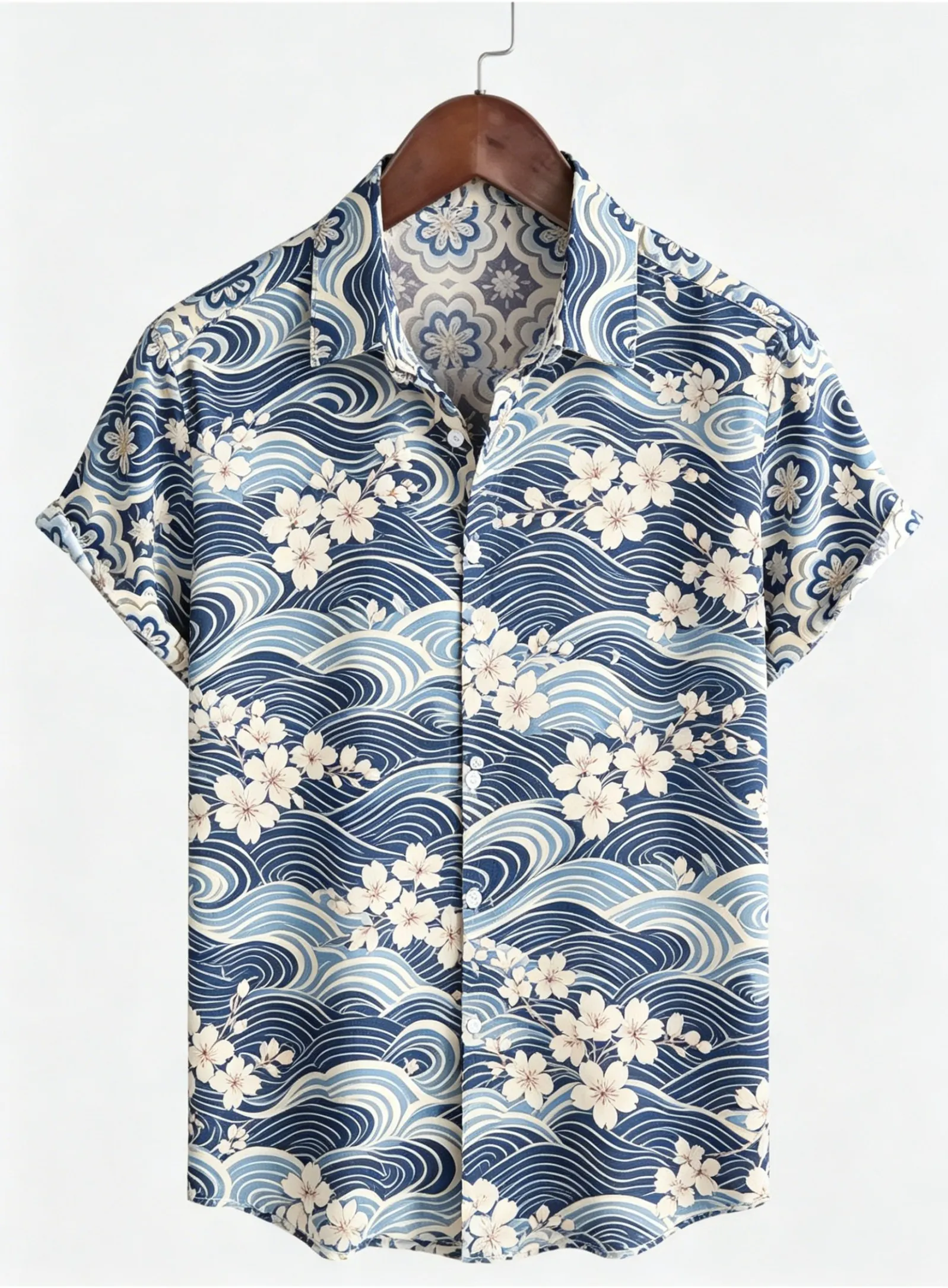 

Men's Spring Summer Lapel Shirt, Blue Wave Sakura Traditional Print Casual Tops for Daily Vacation Beach Street Outfit