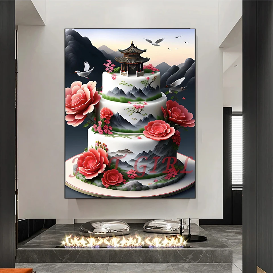 New Diamond Painting 5D Chinese Style Cake Cross Stitch Full Drill Flower Mosaic Embroidery Restaurant Dessert Shop Decor F40