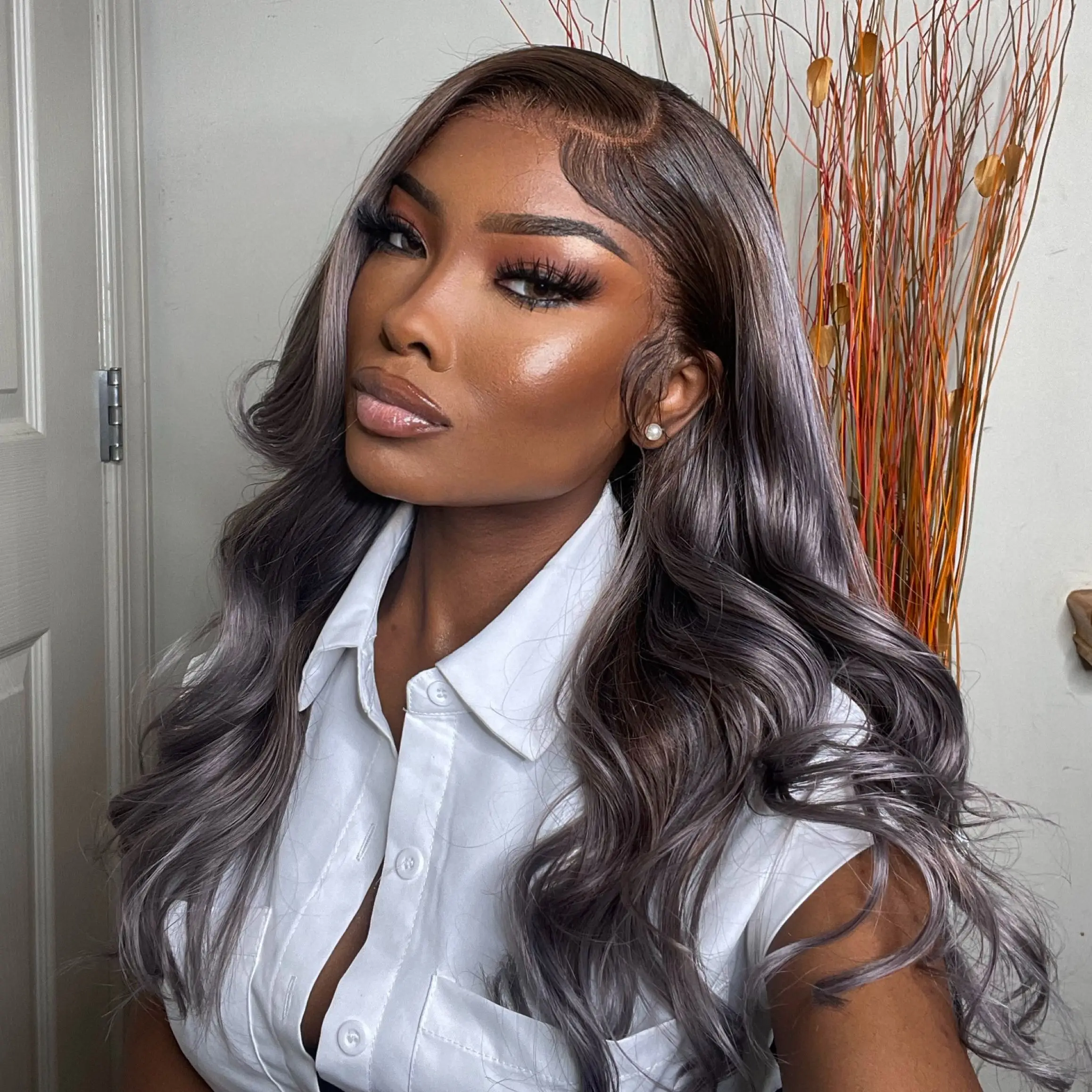 Julia Hair 13x4 Lace Front Ash Violet With Brownish Babylights Body Wave Wig Brown roots with grey ends Pre Pluck With Baby Hair