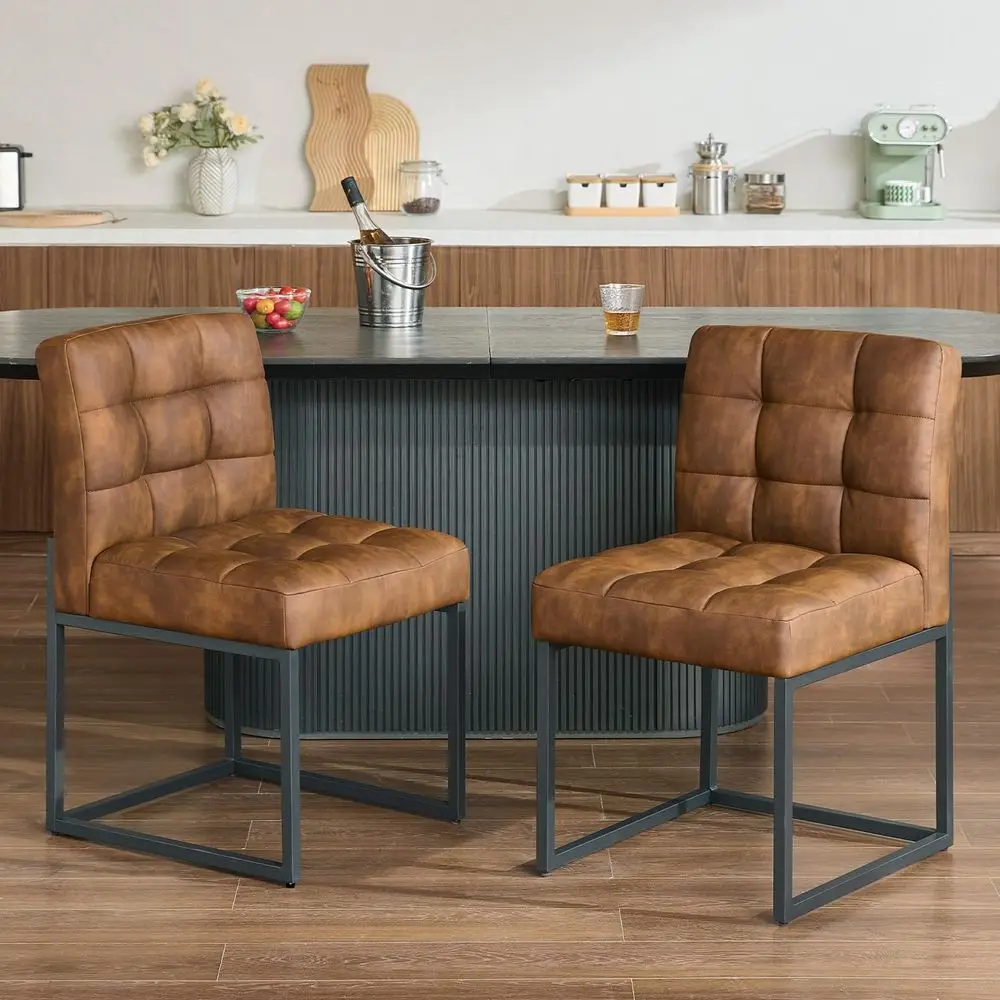 

Faux Leather Dining Chairs Set of 2, MidCentury Modern Dining Room Chairs with Armless, Checkered Kitchen Chair with Metal Legs